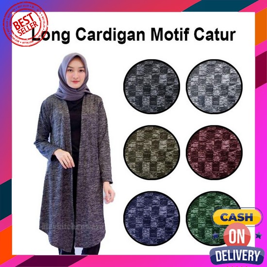 Cardigan Wanita/Outer Tangan Panjang(Size L)-Bahan Rayon Spandex Long Cardigan Motif Catur Kotak K