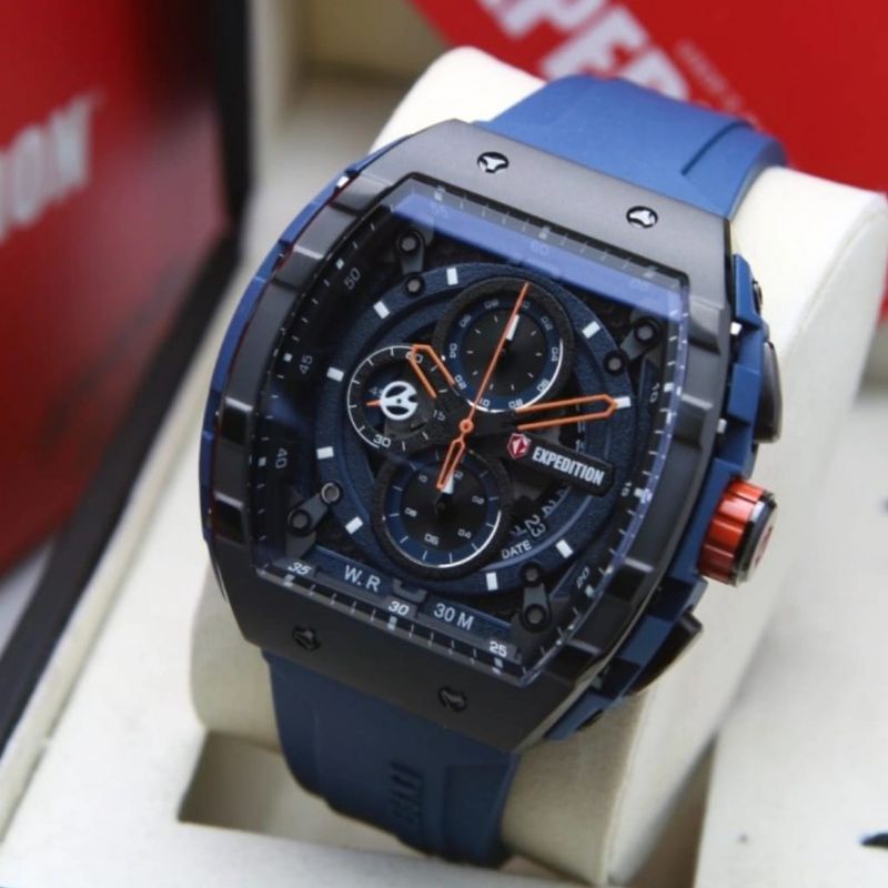 Expedition Original E6782 Jam Tangan Pria Tali Karet blue Hitam