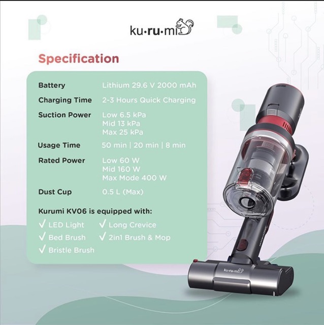 NEW PRODUCT !! KURUMI KV 06 Powerful Cordless Stick Vacuum Cleaner with UV + Mop Brush (Kurumi kv06)