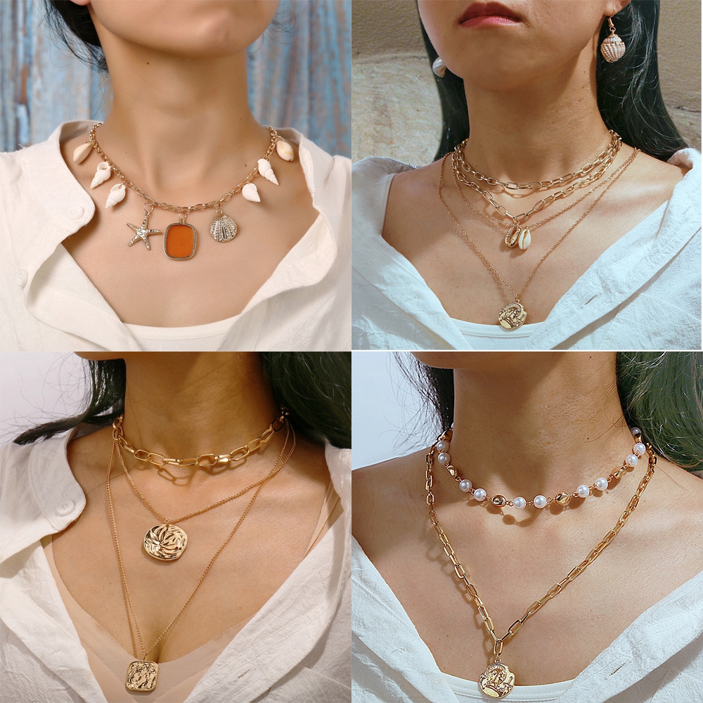 Kalung Rantai Banyak Lapis Dengan Liontin Mutiara Kerang Untuk Wanita