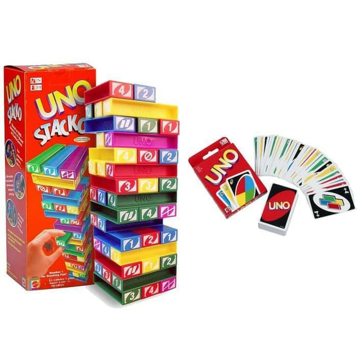 Paket UNO Stacko + Kartu / Card Mainan Susun Balok Block Seru Limited