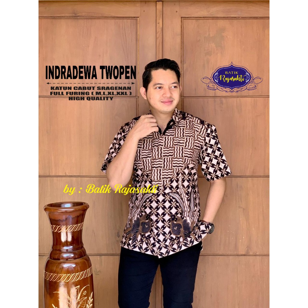 INDRADEWA TWOPEN SERI RAJASAKTI KEMEJA BATIK SOLO PRIA LENGAN PENDEK LAPIS FURING ATASAN BATIK PREMIUM MODERN KATUN HALUS BAHUWIRYA  BANAMITRA BANAMITRA PUTIH BANGSAWAN BAYU PUTRA BERLIAN BIRU BHARATAYUDA BIMASENA BIRENDRA BIRU INDAH BRAHMAKERTA BRAHMAKER