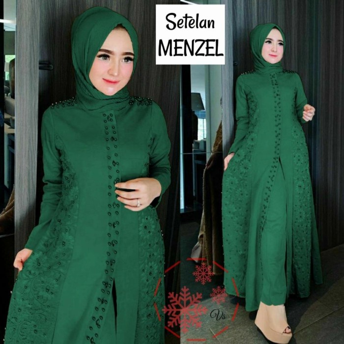 dress set menzel brukat setelan gamis muslim wanita +celana baju pesta - ijo botol, M muslim wanita 