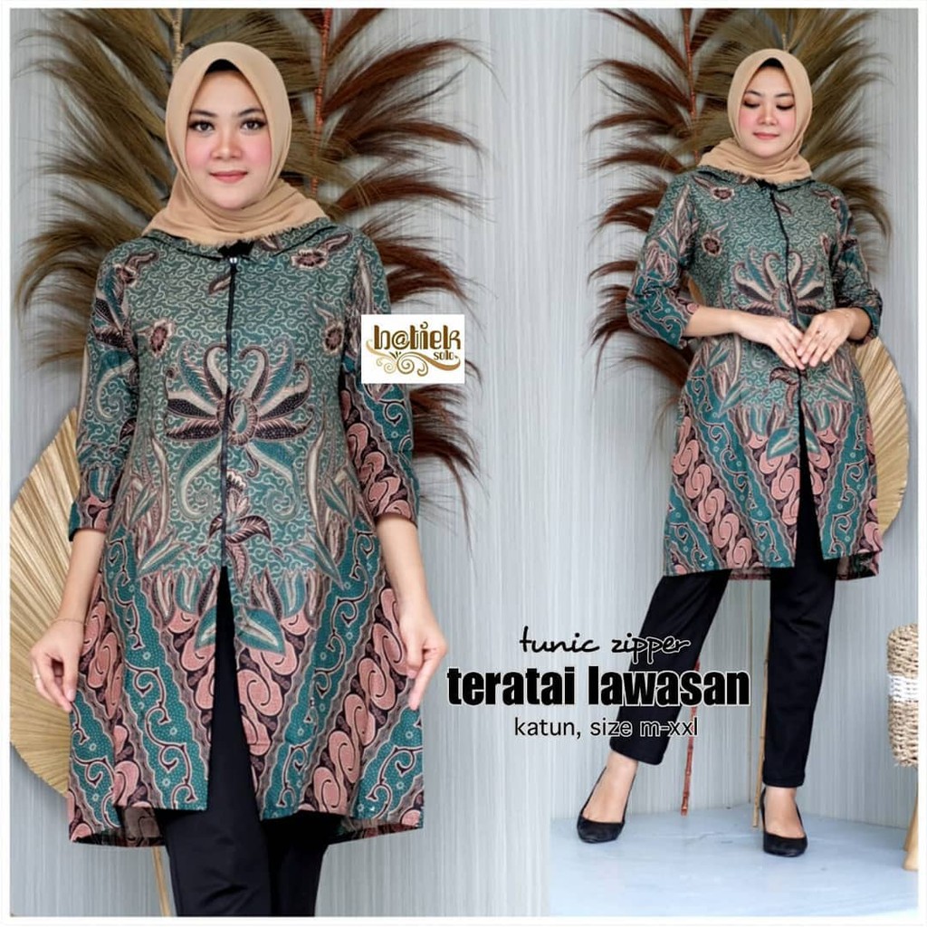 CP TUNIC ZIPPER TERATAI LAWASAN TUNIK BATIK CEWEK TUNIC JUMBO WANITA SERAGAM LD 120 KERJA BUSUI