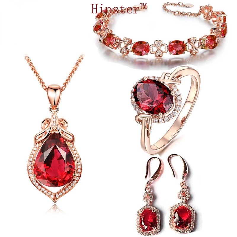 Set Hollow Four-Leaf Clover Bracelet Rose Gold Ring Full Diamond Ruby Pendant Set