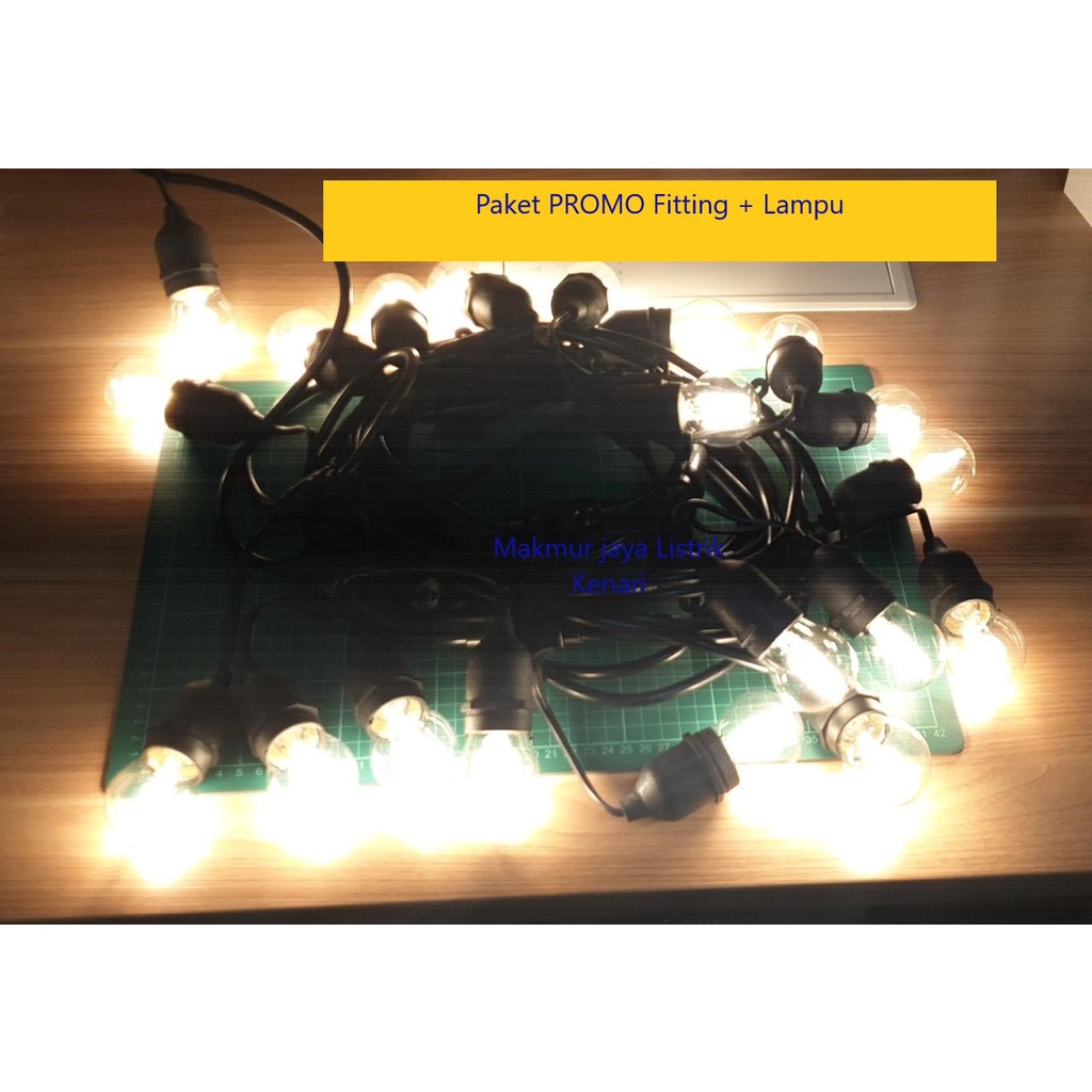 PAKET FITTING LAMPU 10M 20 FITTING + 20 LAMPU FILAMEN EDISON 2 WATT