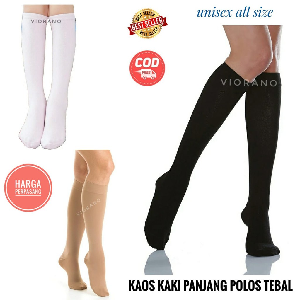 Kaos Kaki Wanita Tebal Murah Selutut Warna Hitam Putih Cream Sepasang Kaus Kaki Cewek Panjang Selutut