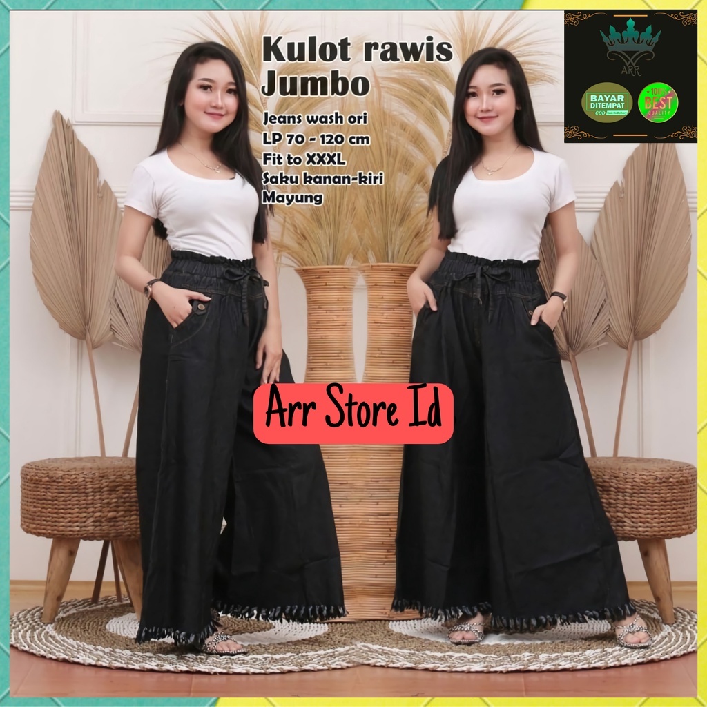 Celana Kulot Jeans Jens Panjang Wanita Jumbo Rawis Hight Waist Kekinian Pinggang Karet Ld 70-120 P 95 Allsize