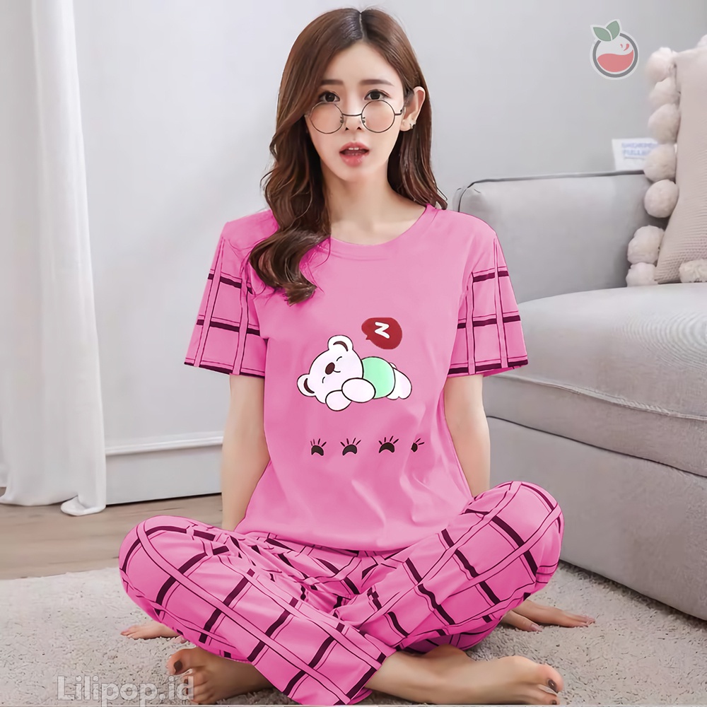 Lilipop.id  Baju Tidur Wanita CP Sleep Bear Setelan Piyama BabyDoll Kaos Celana Panjang