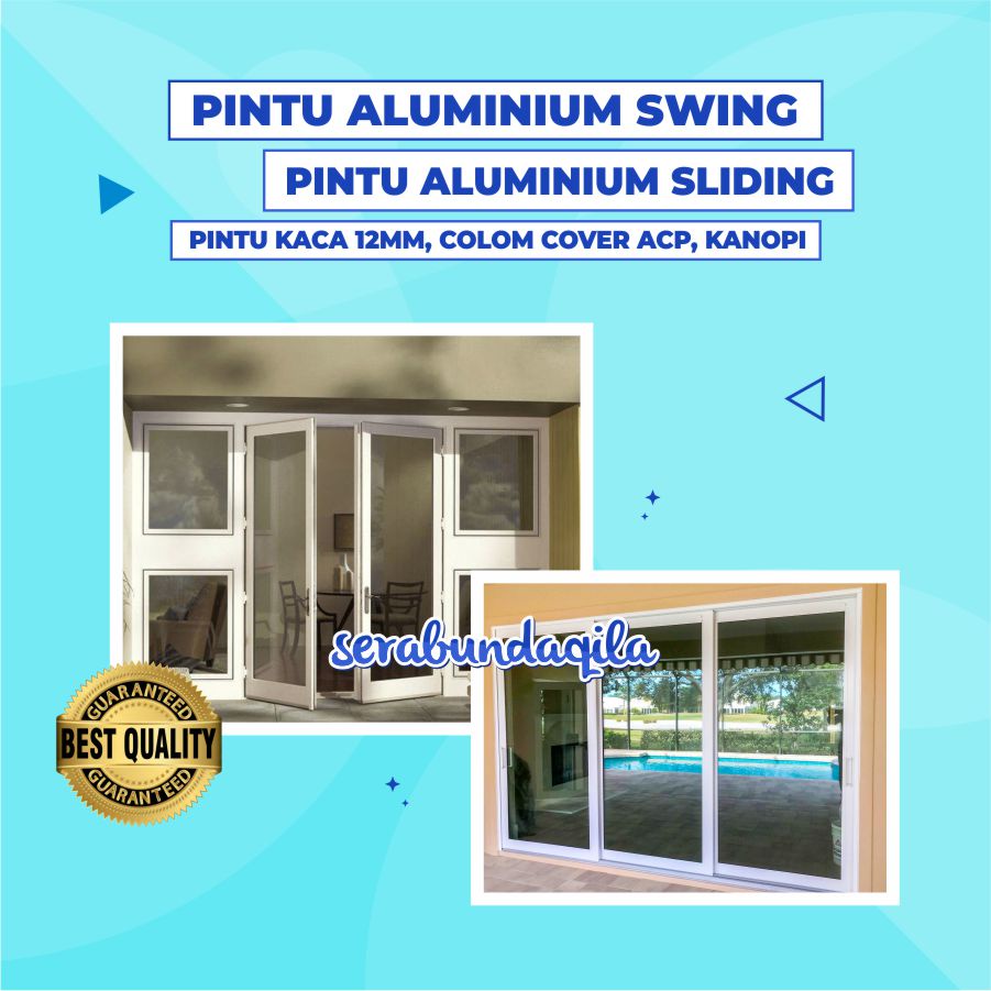 Pintu Aluminium Swing, Pintu Sliding Aluminium, Pintu Kaca 12mm, Colom Cover ACP, Kanopi
