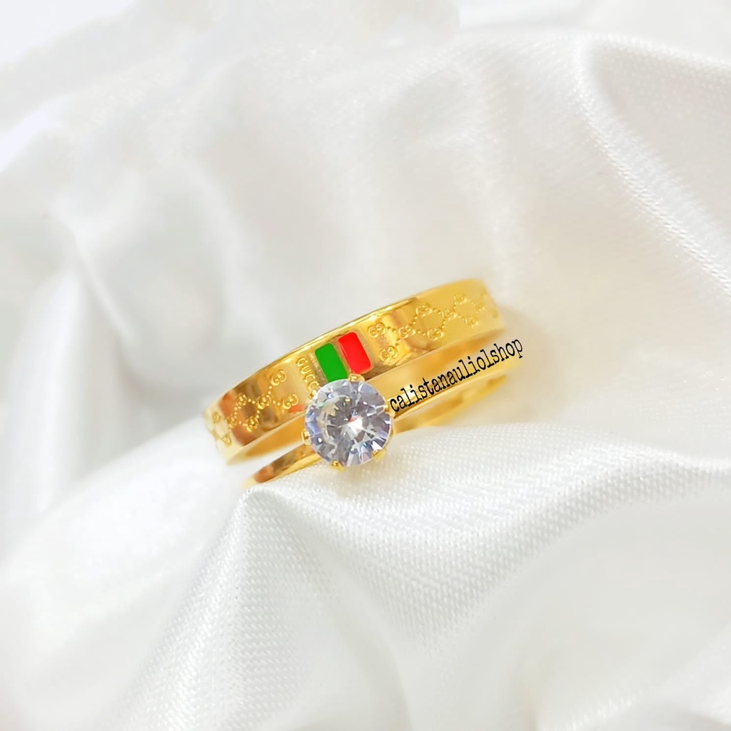 Cincin TITANIUM Permata Satu Diamond Lapis Emas Korea Anti Karat &amp; Tidak Luntur