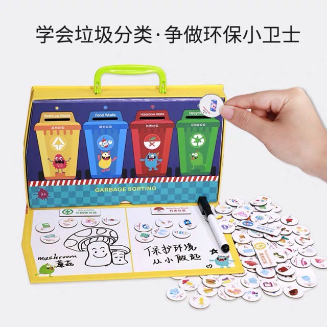 Mainan edukasi garbage sorting box - magnetic board games on environmental guards