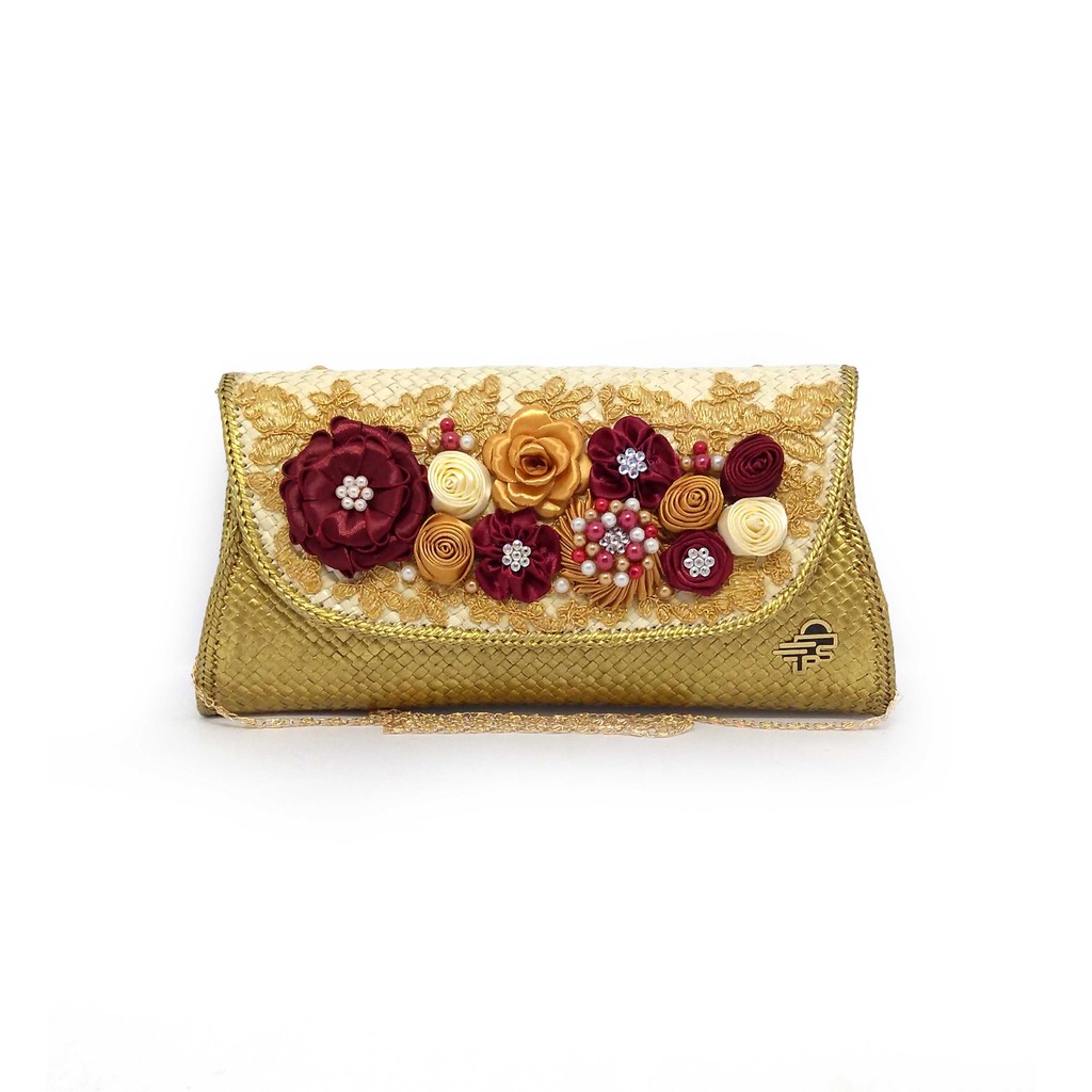 Putra Sukapura Clutch Pesta Anyaman Pandan Eksklusif Pongpok Gold Brown Dompet Wanita