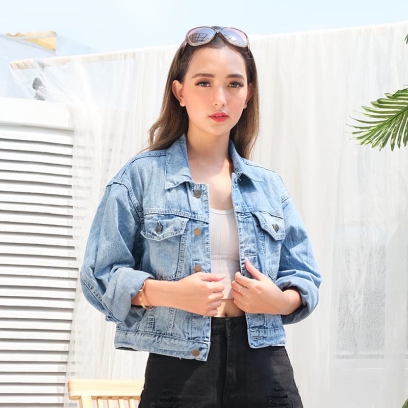 Himiso Jaket wanita Crop Jeans / denim Oversize Vintage Pocket Blue Acid 148 good quality