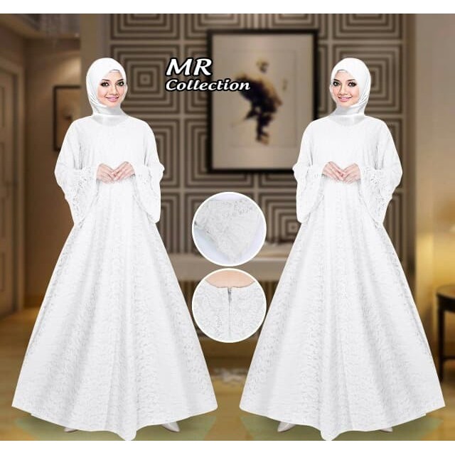 BAJU BUSANA MUSLIM GAMIS HAFSYAH SYARI PUTIH JUMBO BRUKAT NO PASMINA