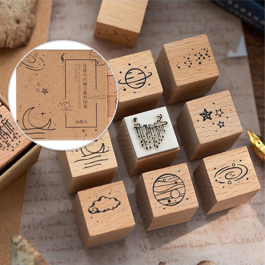 16Pcs Cap Stampel huruf kayu / Stempel Mini Unik / The Moon And Sixpence / Stempel Lucu