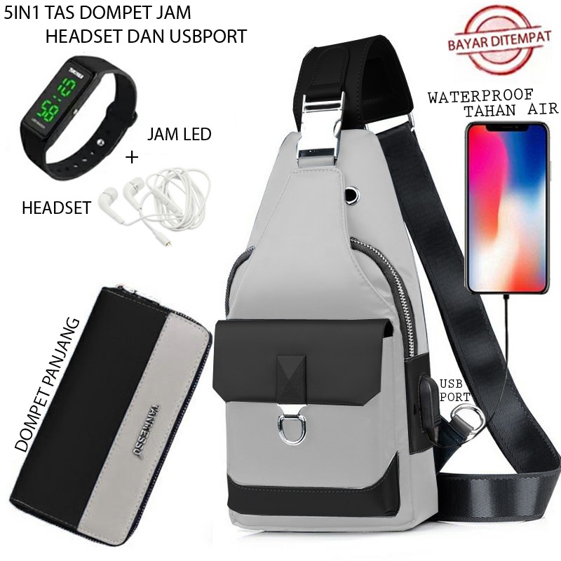 TANMESSO 5IN1 BAYAR DITEMPAT-BONUS JAM LED,DOMPET &amp; USBPORT&amp;HEADSET-TAS SELEMPANG PRIA