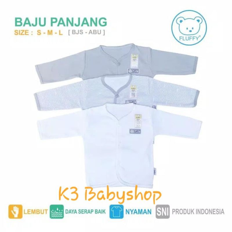 Baju Panjang Bis Fluffy seri abu grey white putih kemeja anak baju bayi SNI kancing depan