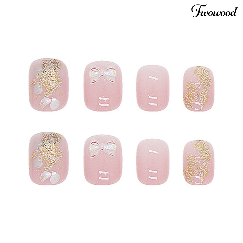 Twowood 24Pcs / Box Kuku Palsu Bahan ABS Aksen Pita + Berlian Imitasi Untuk Nail Art / Manicure Pemula