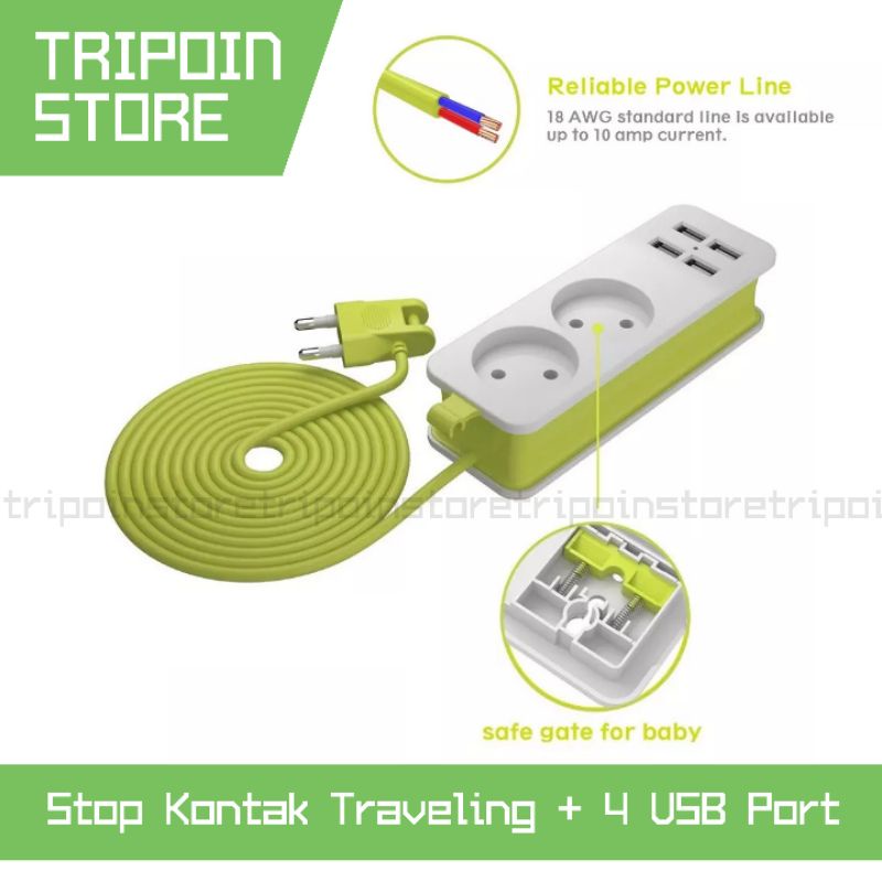 Portable Stop Kontak Traveling Travel - 2/3 Colokan Lubang Socket EU AC + 4 USB Port