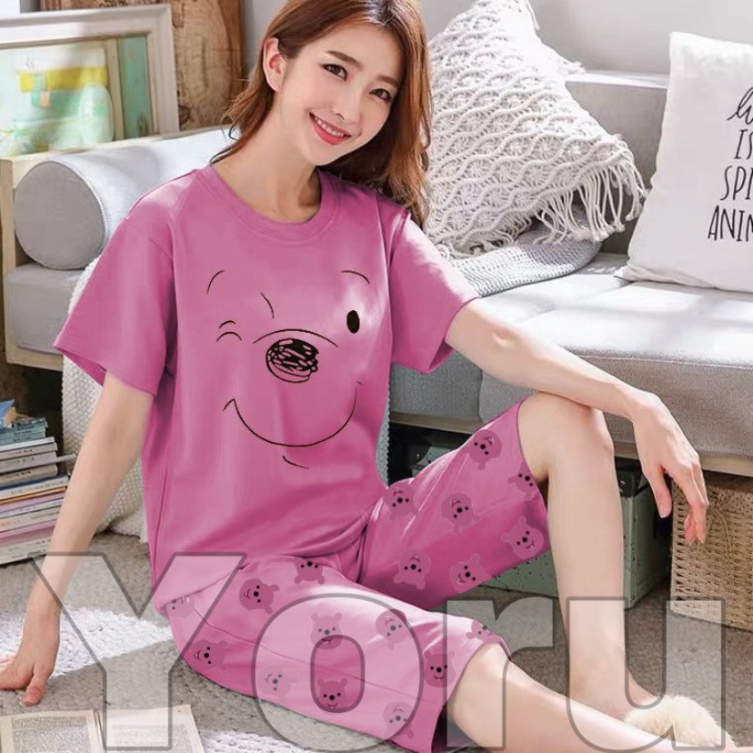 Pamelo.id Stelan C3/4 Baby Doll / Suplier Sleep Wear / Baju Tidur Wanita kaos Katun / Stelan Baju Tidur Murah Produk Terlaris Set HP-C3/4 P00H fanta