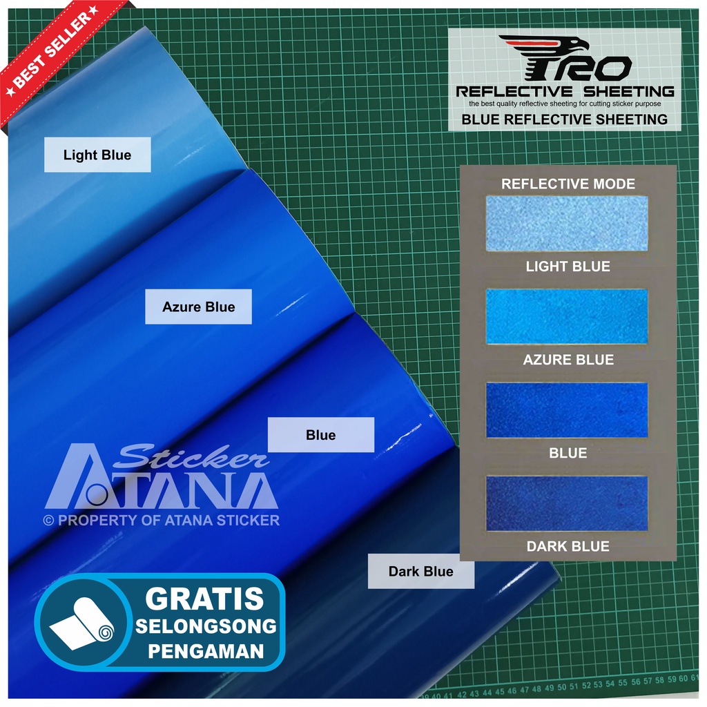 Bahan Stiker Cutting Biru Skotlet Reflektif Fosfor Blue Pro Reflective Sheeting Prolite Nyala Printing Sticker Material Scotchlite Scolite Scotlet Sechotlite Memantulkan Cahaya Flash Malam Hari Mata Kucing Mesin Plotter