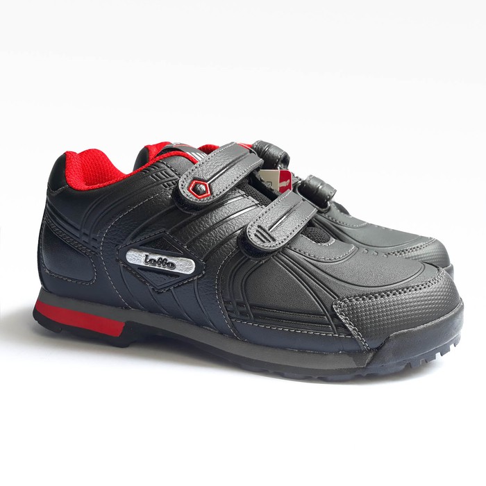 Ternew Sepatu Sekolah Anak Hitam Merah Original LOGGO VELCRO SD SMP 31-38 Berkualitas