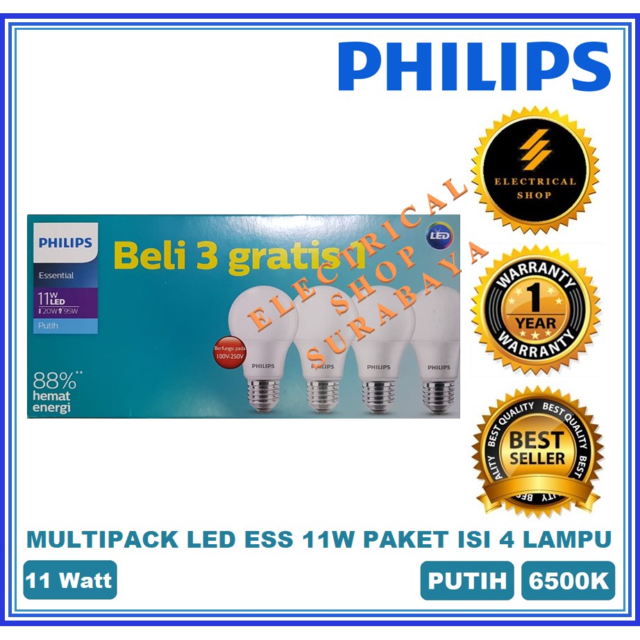 PHILIPS LAMPU LED ESSENTIAL MULTIPACK 11W 11 W WATT PUTIH GROSIR ESS BULB BUNDLING PAKET 3 GRATIS 1