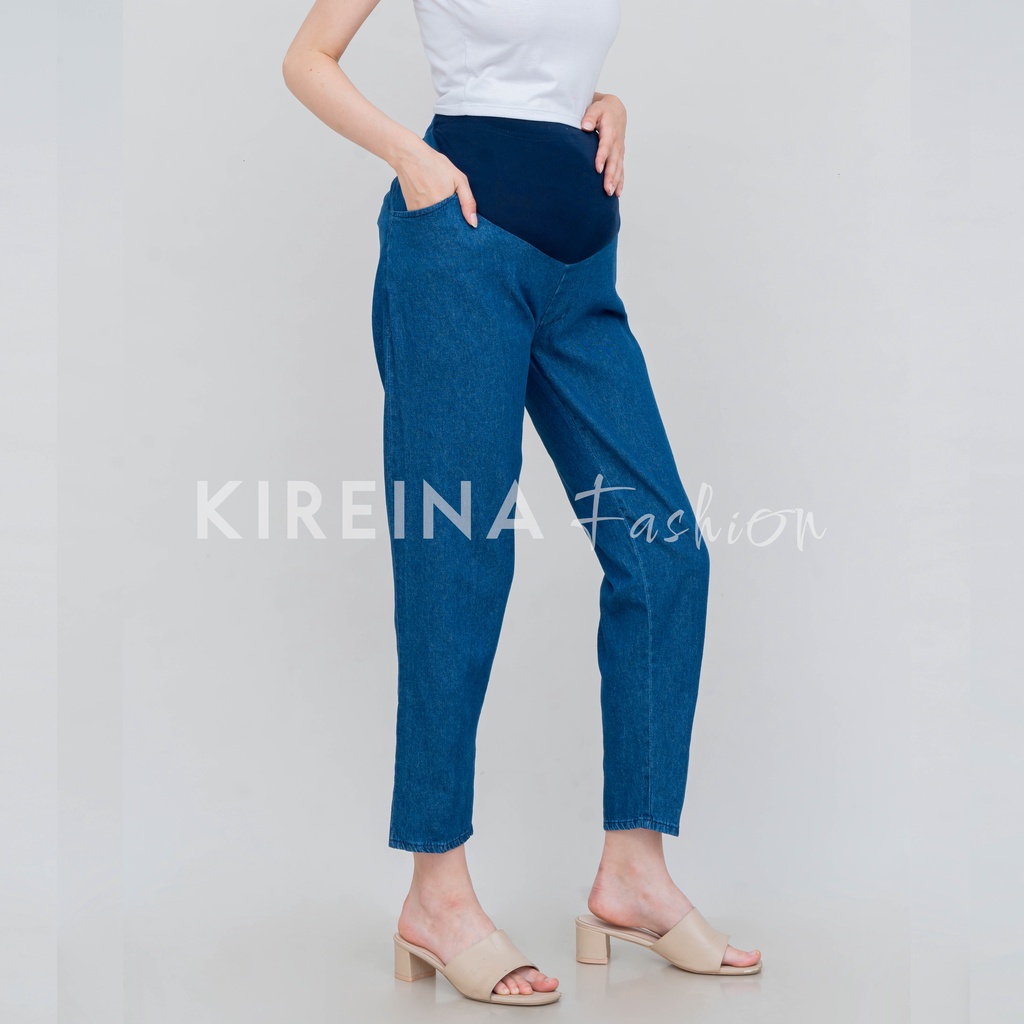 Celana Hamil Jeans Denim Strech Jumbo Maternity Pants Office Fashion Wanita Bumil Premium Pinggang Karet - KIREINA