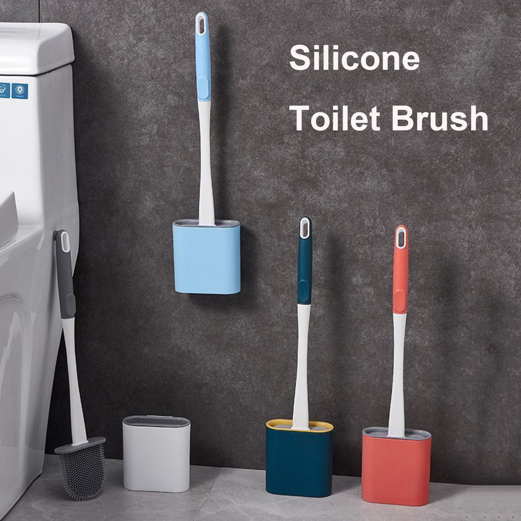 SUYOU Clean Any Corner Cleaning Toilet Brush Set Bathroom Silicone Flex Toilet Brush Long Handle Wall-Mounted With Lid with Toilet Brush Holder WC Soft/Multicolor