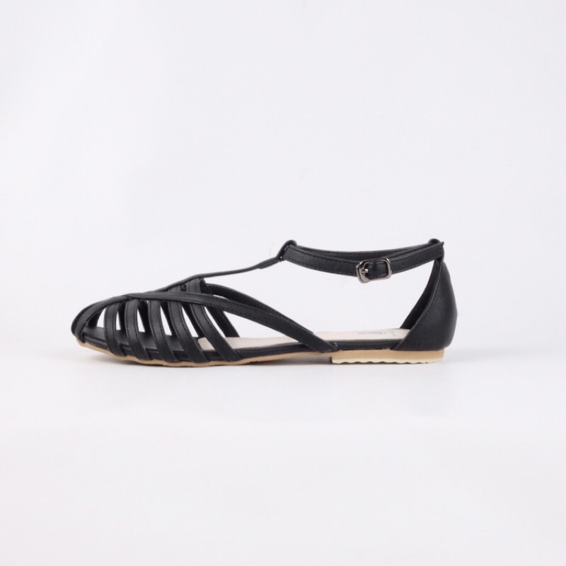 [SIAP KIRIM] BRShoes40 Ft Hitam Sandal Tali Casual Flat Wanita