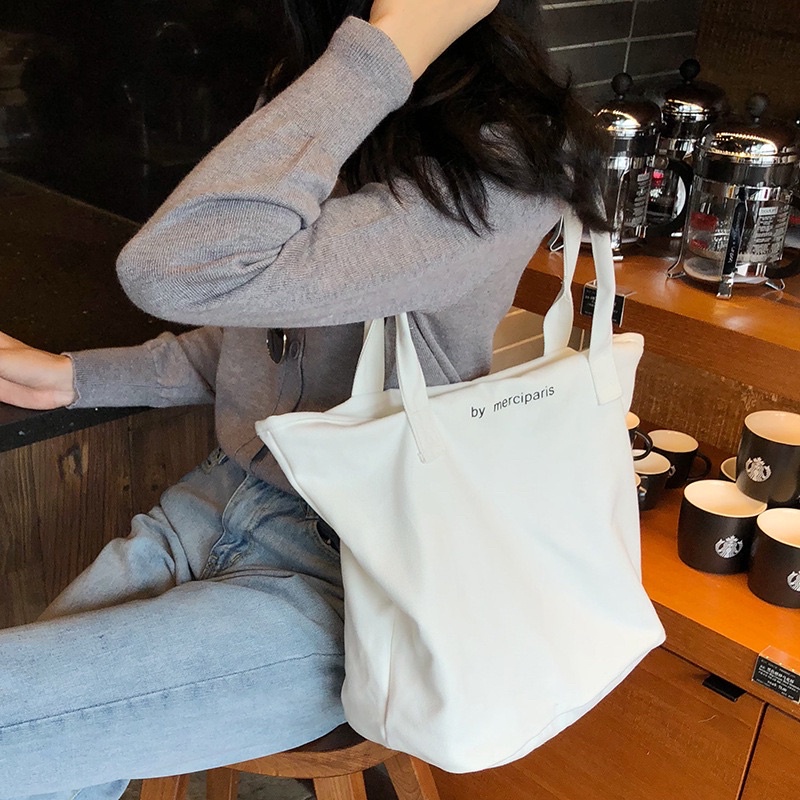 tas totebag wanita kanvas resleting fashion korea polos warna hitam putih tas kerja travel bag bahu 