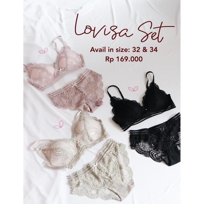 Lovisa Bra Cd Set Lace Brukat Lingerie Wanita Sexy Murah Bra Push Up - Merah Muda, 32