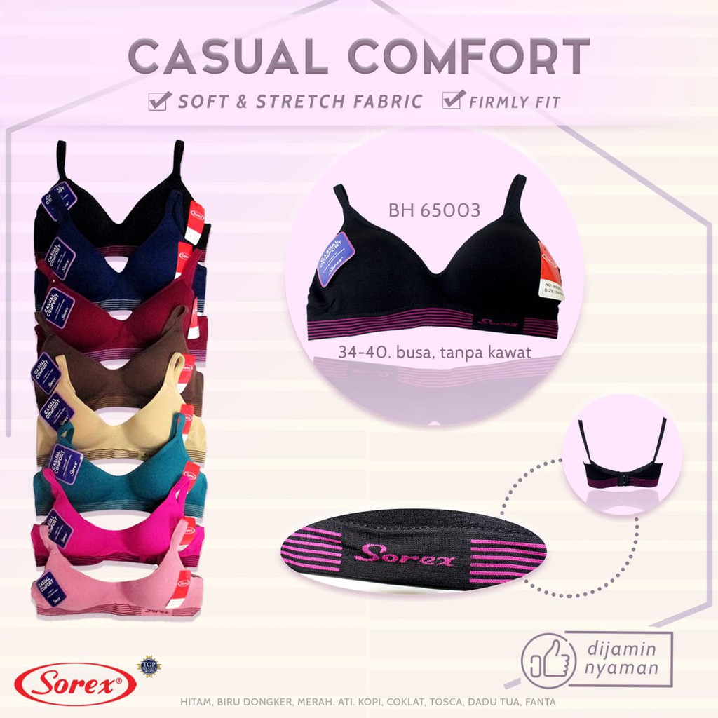 BH Sorex 65003 Sport Busa Tipis | Sorex Bra Casual Garis Tanpa Kawat | Sguna | Wanita Dewasa Perempuan Pakaian Dalam Underwear