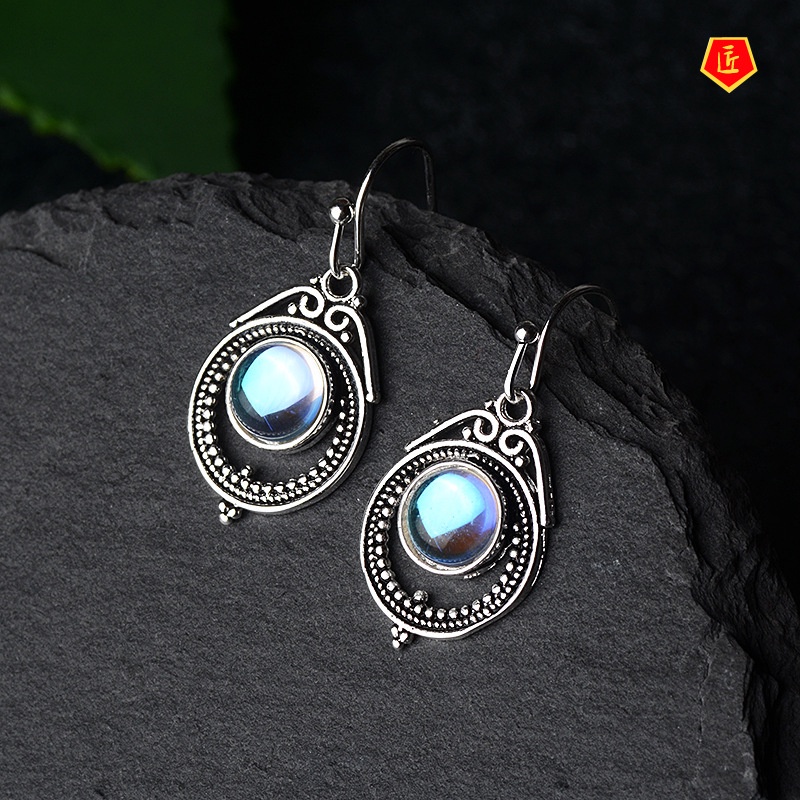 [Ready Stock]Retro Silver Moonstone Earrings Women's