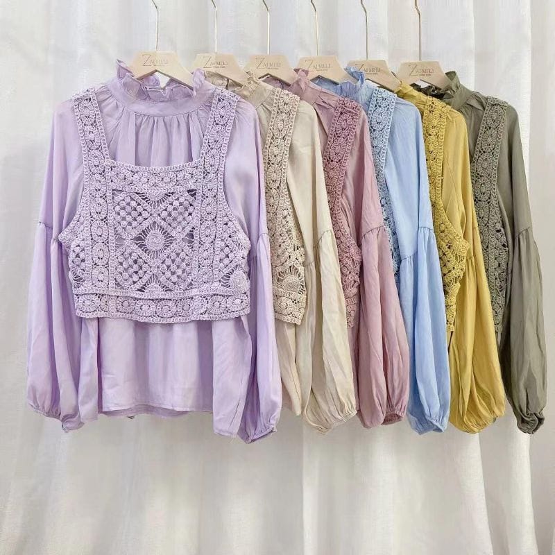 Atasan blouse motif polos bahan katun + outer bahan rajut merk yixi