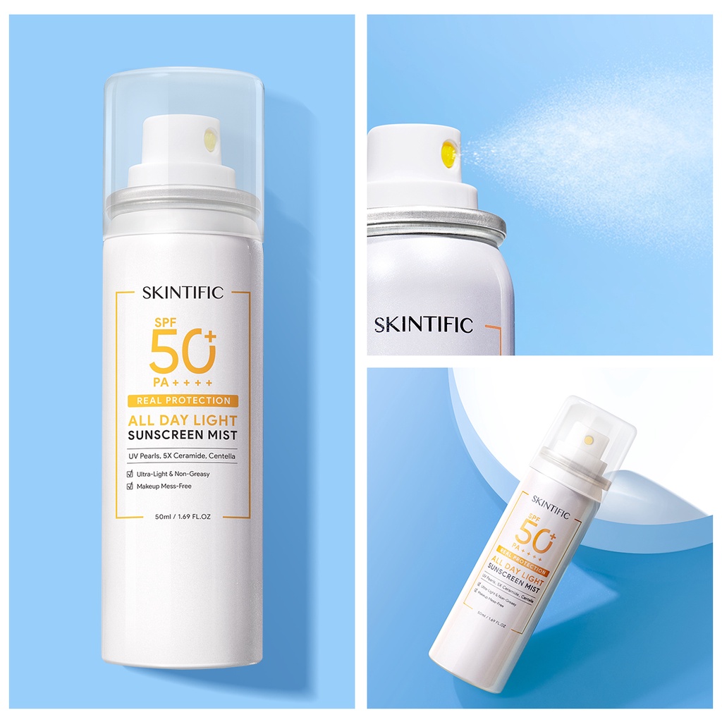 SKINTIFIC All Day Light Sunscreen Mist 50ml SPF50 PA++++ Sunscreen Spray Anti UV Wajah/Body Spray 50ml Sunblock UVA UVB