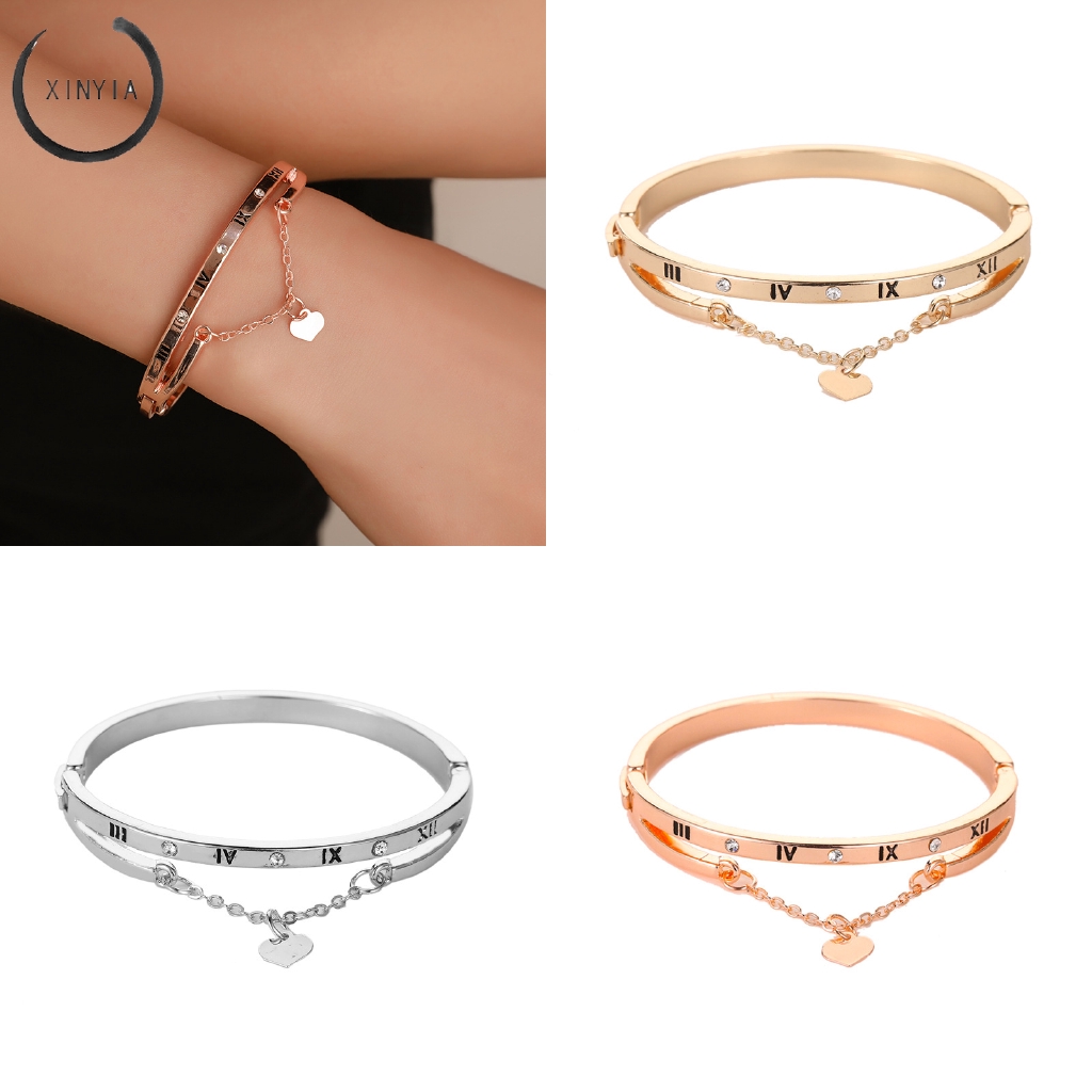 Luxury Gelang Stainless Steel Bracelets Bangles Female Heart Bracelet Rumbai Dengan Angka Romawi