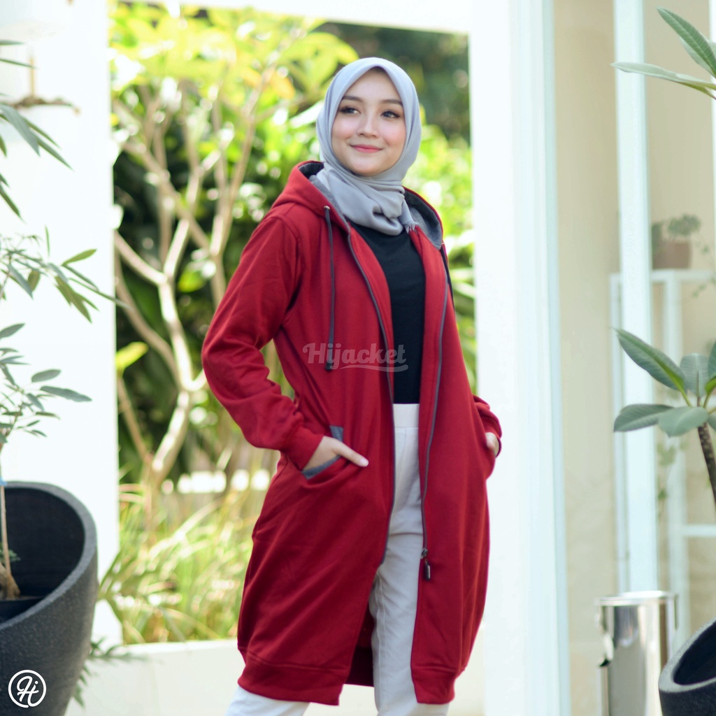 Jaket Sweater Wanita Muslimah Hijaber - Hijacket Basic Maroon - Switer Syari Hijab Panjang Hijabers