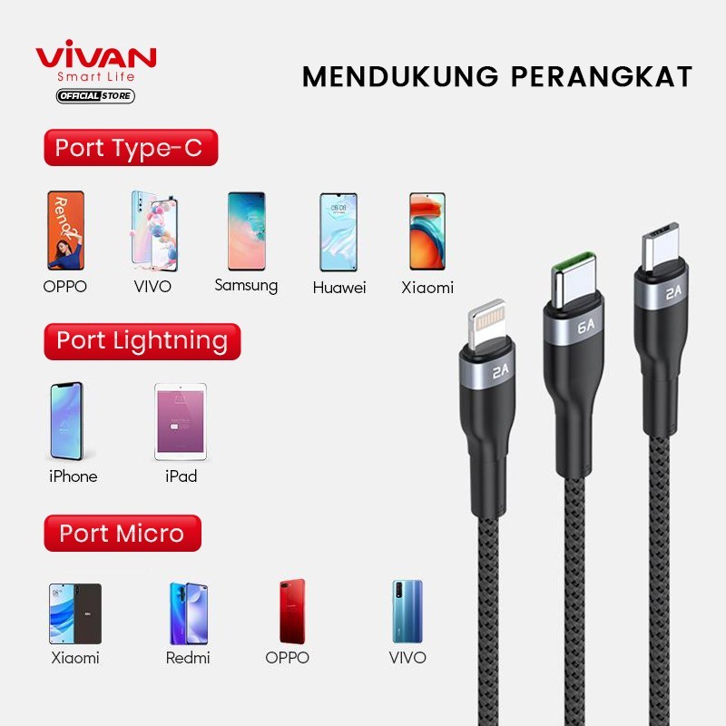 Kabel Data 3 in 1 Fast Charging 6A Micro USB - VIVAN VYT120