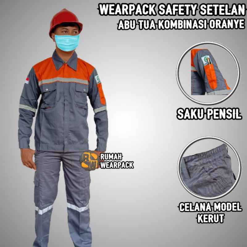 Setelan Wearpack dan Celana Warna Abu Tua Kombinasi Oranye