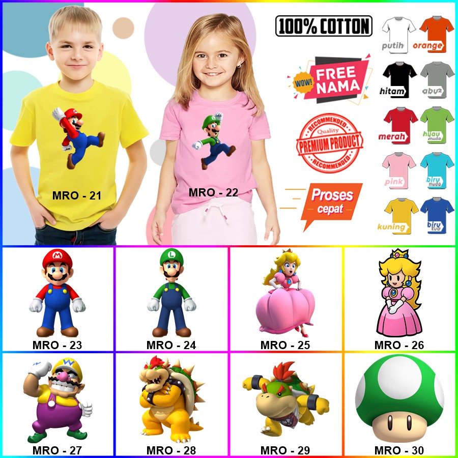 Baju Kaos ANAK DAN DEWASA MARIO COUPLE (FREE NAMA)