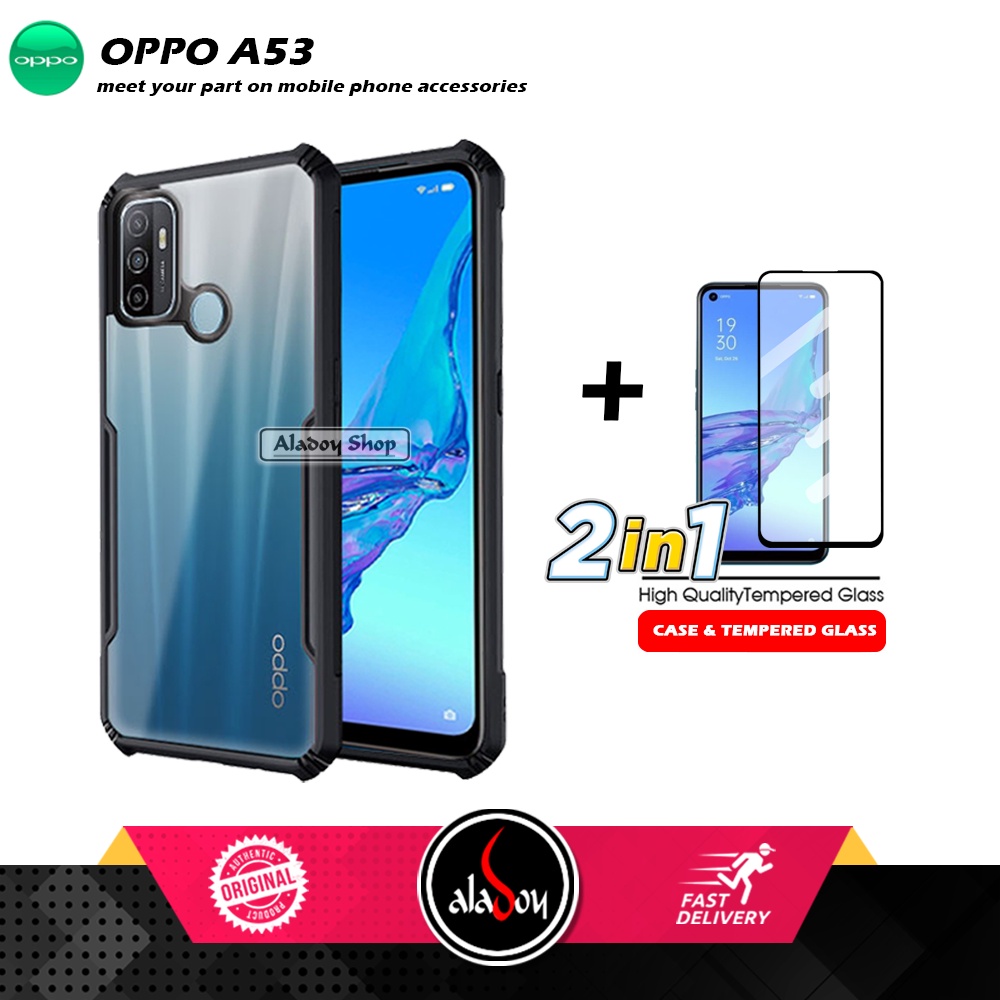 PAKET 2 IN 1 Case Oppo A53 Armor Fusion Transparent Prmium Casing Free Tempered Glass