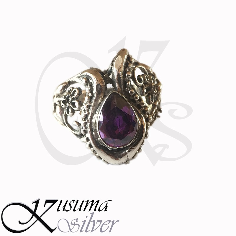 Cincin  Ring Perak Silver Bali Motif Tear Drop Ukir Bunga Mata Batu Ungu Lebar asli 925 Pria Wanita