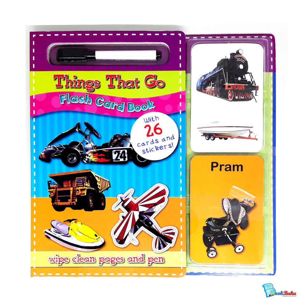 

Things That Go Flash Card Book with 26 Cards and Stickers! Wipe Clean Pages and Pen