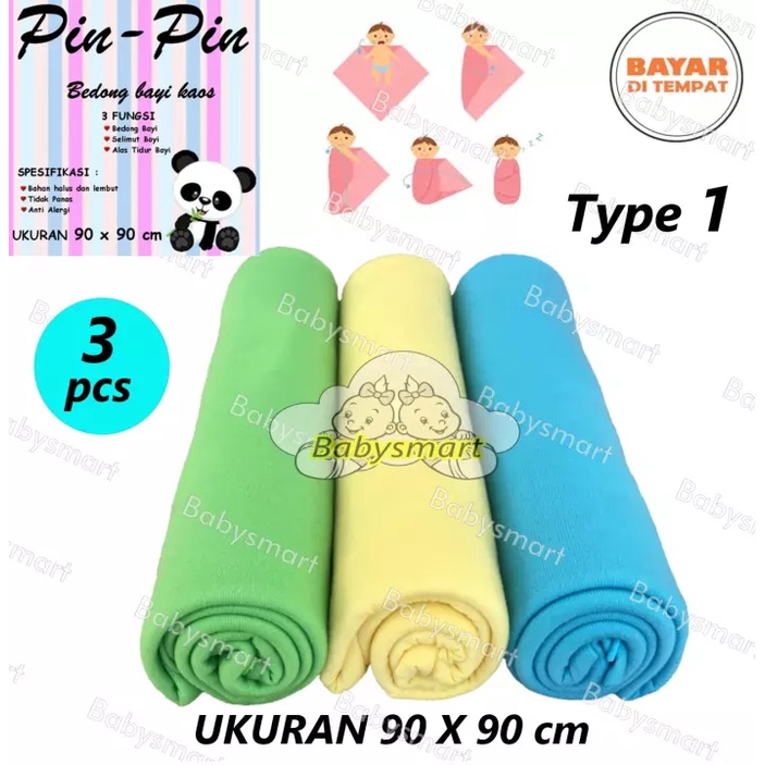 Babysmart - 3 Pcs Bedong Bayi Kaos PIN PIN Multi Colour Size 90 x 90 cm/Selimut Bayi/Alas bayi/Alas kereta/perlengkapan bayi