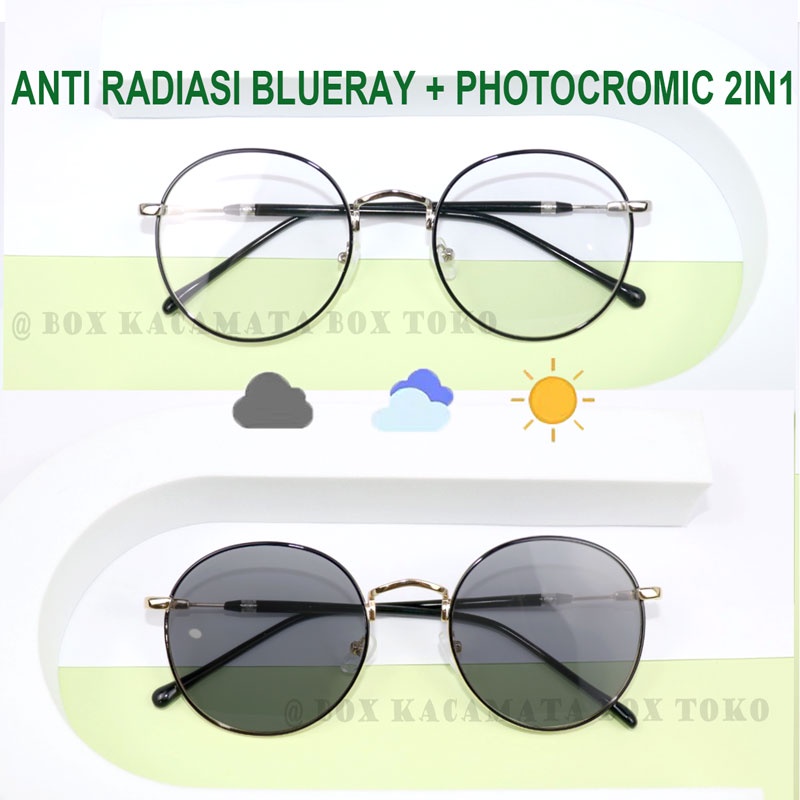 Kacamata Korea Bulat PHOTOCROMIC ANTI RADIASI BLUERAY 2in1 untuk miuns pria dan wanita metal 9001