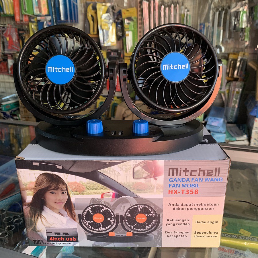 Kipas Angin Mobil 12V 12Volt MITCHELL Dual Fan 2USB 2A Swing Kipas Mobil Double Fan