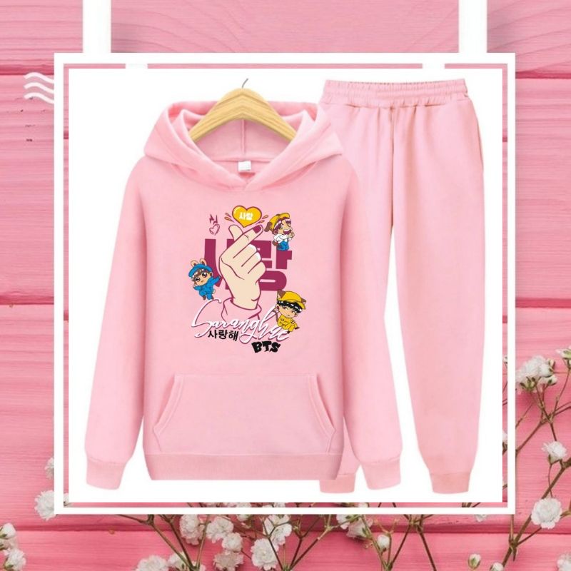 Setelan Sweater Hoodie Anak Perempuan Lengan panjang dan Celana panjang Terbaru 2022 Stelan Anak Cewek Kekinian Murah Korea Style Size S 4 5 6 Tahun M 7 8 9 Tahun XL 10 11 12 Tahun Saranghae Bts