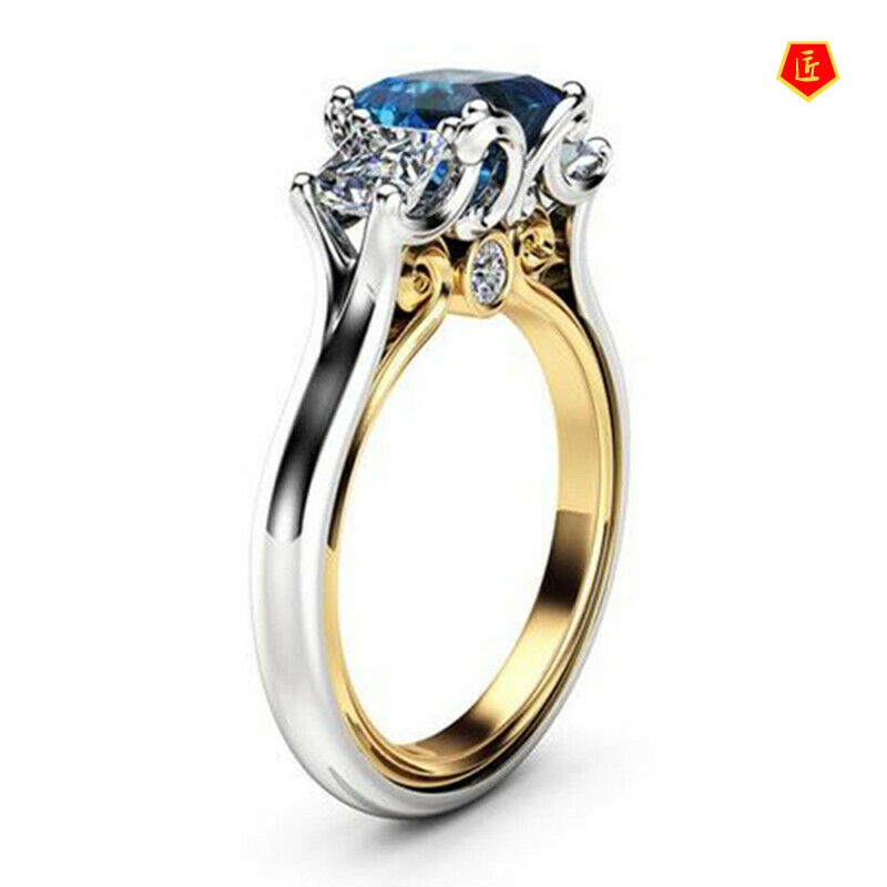 [Ready Stock]14K Gold Two-Color Navy Blue Topaz Square Diamond Ring for Women